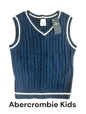 abercrombie kids navy blue cable knit sweater vest with white trim